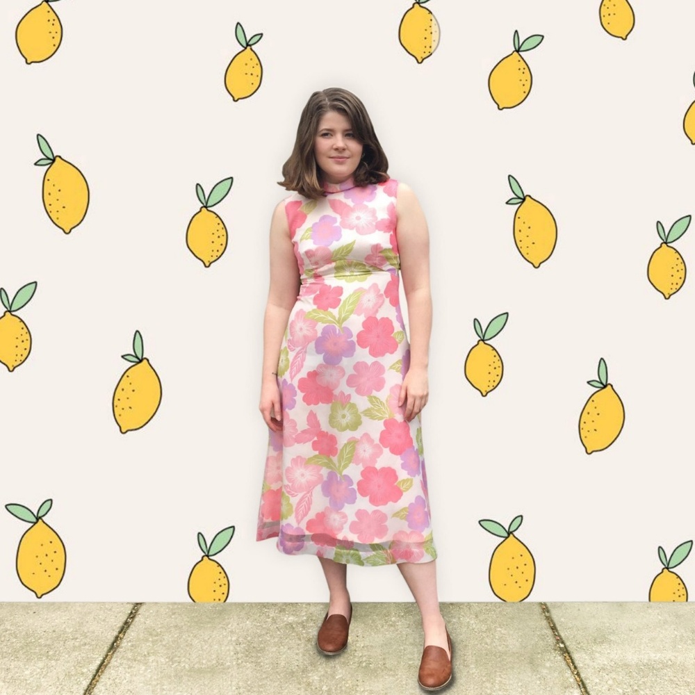 Vintage 1960's Pink Bold Floral Midi Dress